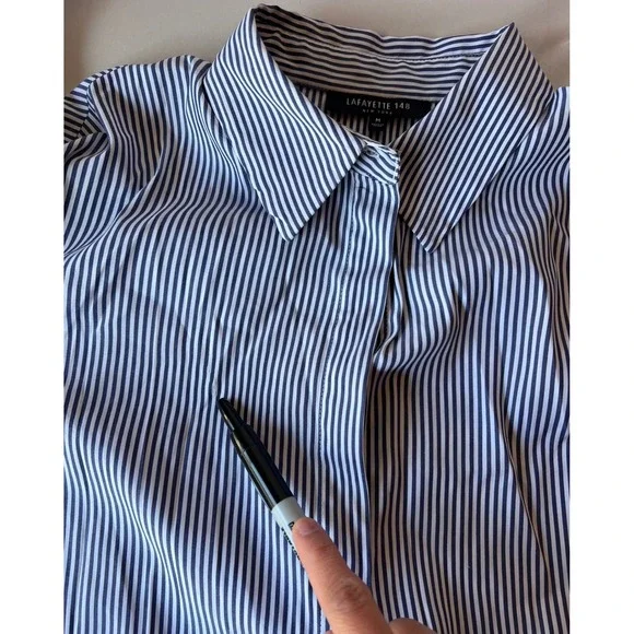 Lafayette 148 New York Womens Navy White Striped Button Down Shirt Size M - Picture 6 of 11